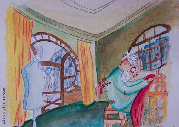Fototapeta Ilustración de un abuelo confeccionando en una maquina de coser dentro de una casa con ventanas