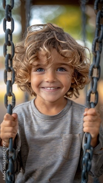 Fototapeta A joyful boy swings at the park, laughing loudly and having a great time