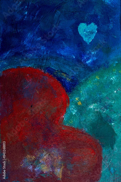 Fototapeta Corazón rojo abstracto con formas abstractas en verdes y azul. 