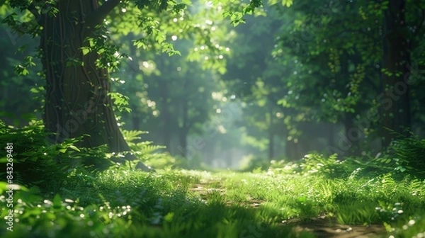 Fototapeta Natural dorest of woods with sunbeams through fog and leaves branch create mystic atmosphere. sunny morning in green forest