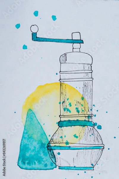 Fototapeta Molinillo de café en colores acuarela marcado con tinta en fondo blanco
