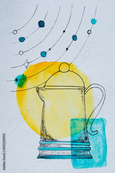 Fototapeta Watercolor teapot. 

watercolor coffee maker, postcard with galaxy lines, conceptual art .

