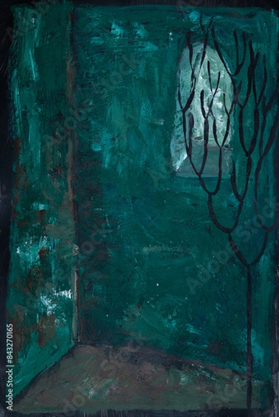 Fototapeta Sueño abstracto, casa color verde con una ventana y un árbol con son hojas