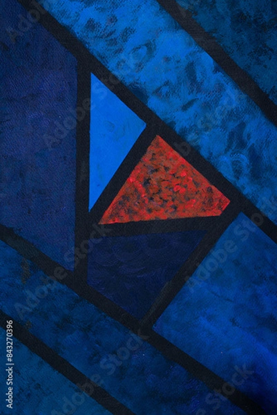Fototapeta Pintura abstracta con triángulos en diferentes tonos azules con uno rojo en acrílico. 
