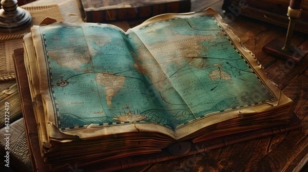 Fototapeta Vintage world map in an old book for travel or history themed designs