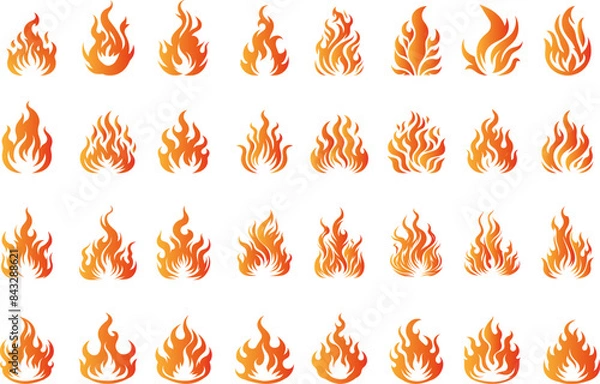 Fototapeta Fire icon set.  Fire flame vector collection in a flat style .Flame of different shapes .Red and yellow  fire flame silhouette.