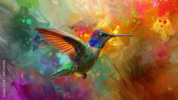 Fototapeta A colorful painting of a hummingbird with its wings spread out