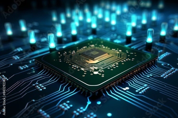 Fototapeta Neuromorphic Computing Research Lab Setup, Chip with Synapse-Like Connections