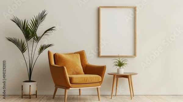 Fototapeta A modern orange armchair with an empty poster frame on the wall. A small table and a green plant in a white pot on a light background. Minimalist home interior design of a living room mockup.
