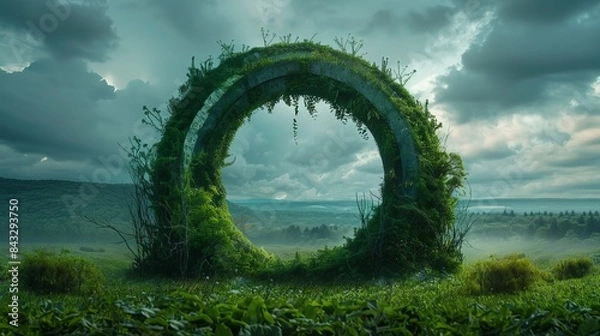 Fototapeta Giant ring, heavily overgrown, resembling a Stargate, close-up in a thriving field, nature reclaiming technology