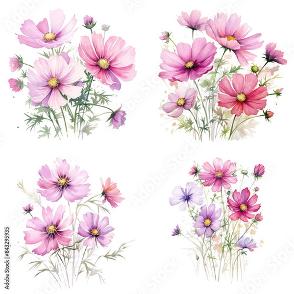 Fototapeta Set of Cosmic Beauty: Watercolor Illustration of the Universe on White Background