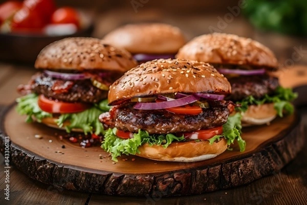 Fototapeta Two juicy beef burgers with lettuce, tomato, and cheese on the buns sitting side by side on an old wooden table. A slice of red onion is placed between them and surrounded by tomatoes and salad leaves