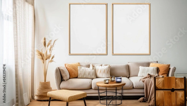 Fototapeta Realistic 3D Render of Modern Living Room with ISO A Paper Size Wall Poster Mockup