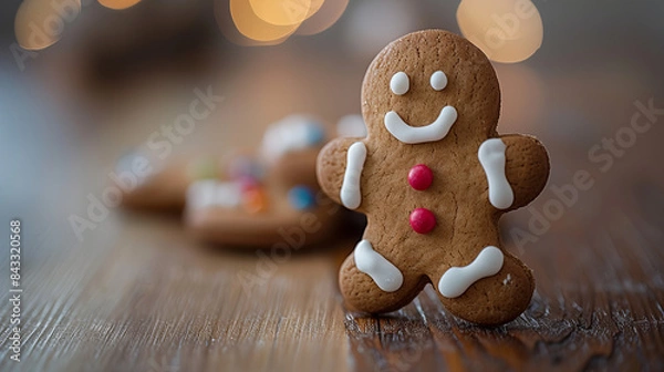 Fototapeta Gingerbread Man - A beautifully decorated gingerbread man standing on a table, with blurred Christmas decorations in the background.

