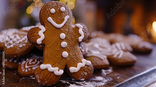 Fototapeta Festive Gingerbread Man - A beautifully decorated gingerbread man on a plate adorned with lights and pinecones, creating a warm festive atmosphere.
