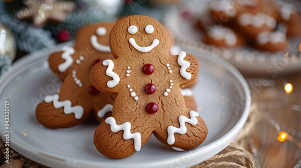 Fototapeta  Christmas Gingerbread Men - Several beautifully decorated gingerbread men on a plate, creating a festive atmosphere.