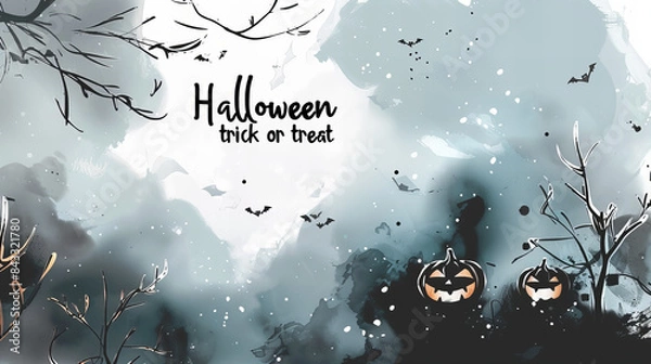 Fototapeta Halloween Black and White Illustration - Black and white Halloween illustration featuring pumpkins and bats, creating a mysterious atmosphere.