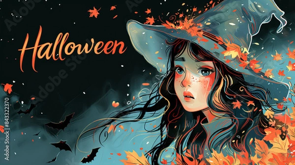 Fototapeta Halloween Witch - a witch with flying leaves and bats in the background, creating a mysterious Halloween atmosphere.
