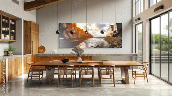 Fototapeta photo of a modern kitchen with large oakwood dining table and a large architectural photo or landscape photo hanging on the wall