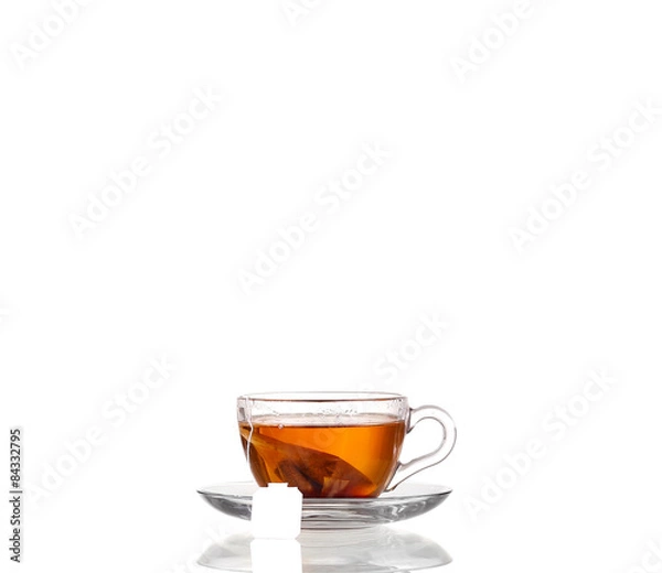 Obraz Cup of tea with teabag on white background