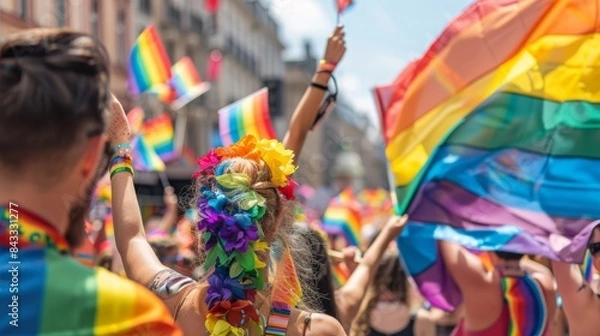 Fototapeta Crowd celebrating with rainbow flags at a public event