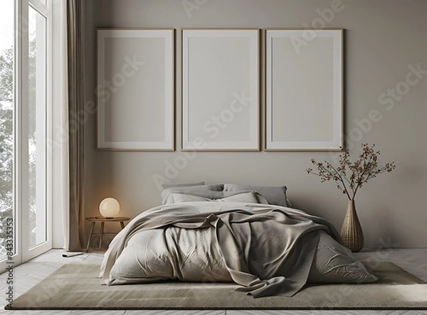 Fototapeta 3d rendering of beautiful modern bedroom interior with empty blank poster frames on wall, gray and brown color palette, minimalistic design with soft lighting and texture details, cozy atmosphere