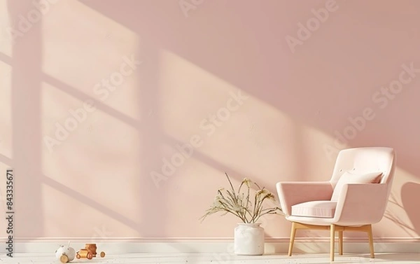Fototapeta 3d rendering of cute children's room interior mockup background wall with chair, armchair and toys on the floor