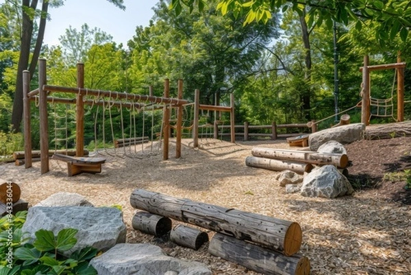 Fototapeta A playground in a natural setting with log balance beams and climbing ropes