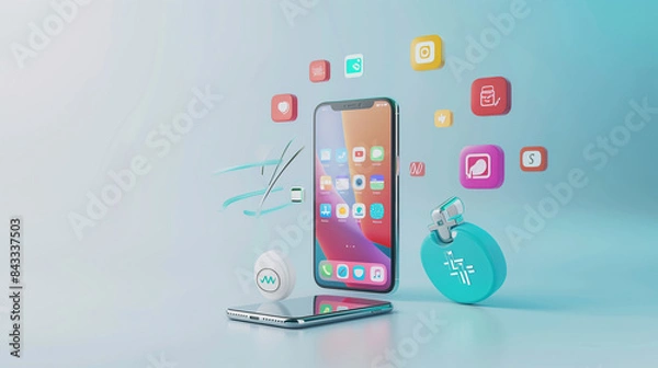Fototapeta Healthcare, medicine business, health care, online doctor and medical support concept. Realistic smartphone mockup, 3d icons flying over screen. Application development, ui design background. Vector