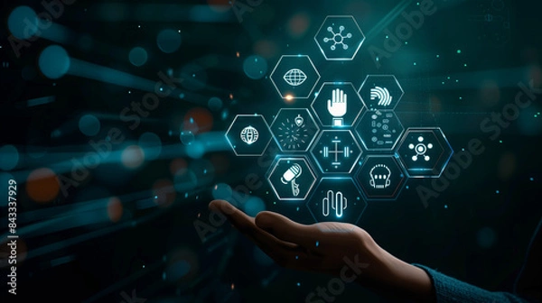 Fototapeta Healthcare system. Medical icons on hexagons made pyramid and hand holding the top element. Health care plane, patient service digital technology, ai integrate, futuristic pharmacy innovation concept