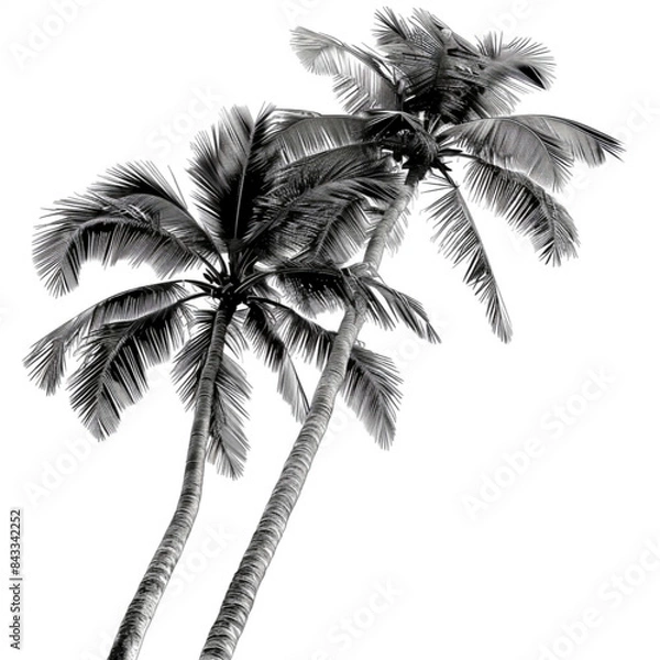Fototapeta two long palm trees. They touch a little and they are curved to the right. White background