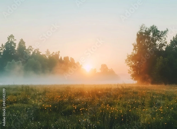 Fototapeta A misty sunrise over the meadow with trees and fog in the background