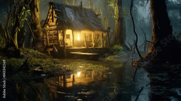 Obraz a Witch's hut into the Swamp Forest at Evening