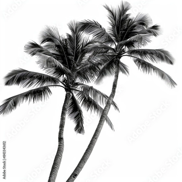 Fototapeta two long palm trees. They touch a little and they are curved to the right. White background