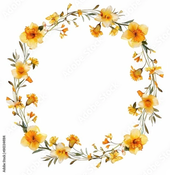 Fototapeta Floral Wreath of Yellow and White Daffodils, Elegant wreath made of yellow and white daffodils with green leaves, perfect for spring decor, on a white background.
