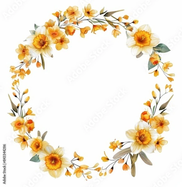 Fototapeta Floral Wreath of Yellow and White Daffodils, Elegant wreath made of yellow and white daffodils with green leaves, perfect for spring decor, on a white background.
