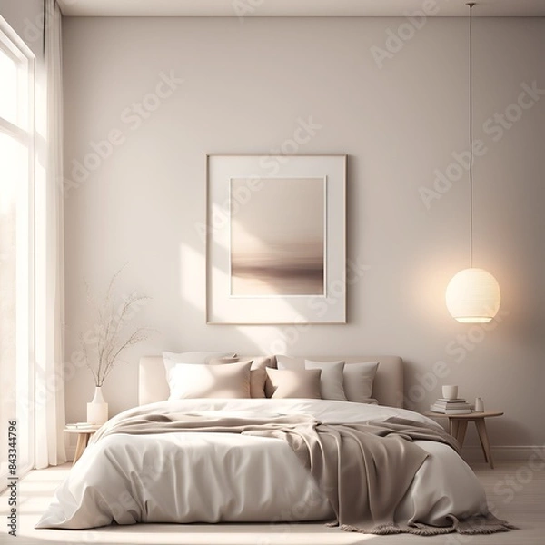 Fototapeta Mockup white empty frame in light cozy and simple bedroom interior background, 3d render