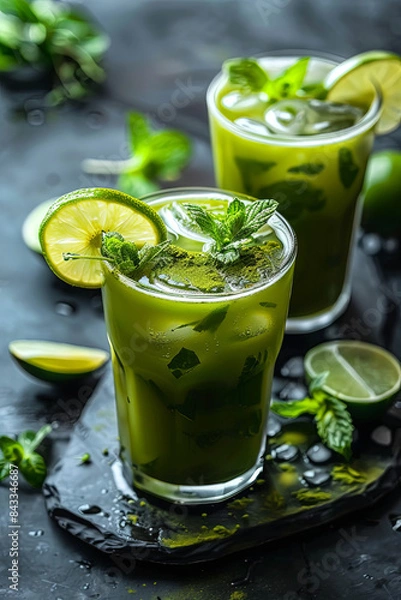 Fototapeta Refreshing matcha iced green tea with lime and fresh mint leaves on a black stone slate