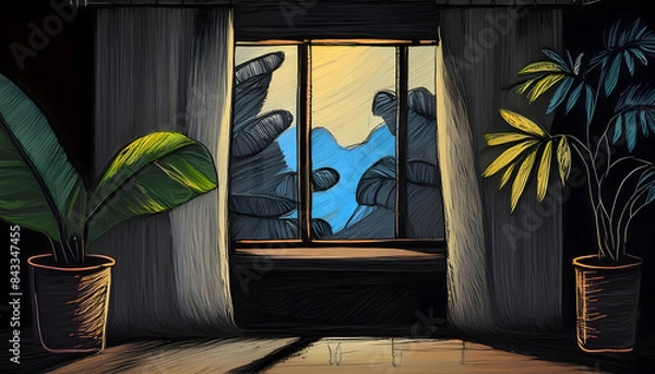 Fototapeta Minimalist sketch perspective Shadow of tropical leaves and curtains window.