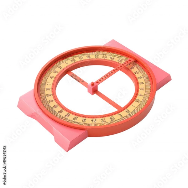 Fototapeta Pink circular protractor for precise angle measurement, isolated on white background. Essential tool for accurate geometry and mathematics calculations.