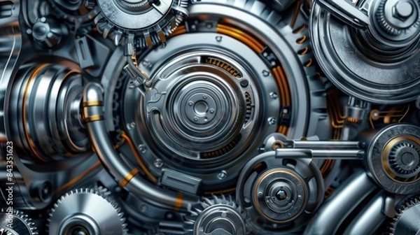 Fototapeta Intricate Mechanical Gears - A detailed close-up of complex mechanical gears and components, showcasing precision engineering and industrial design.