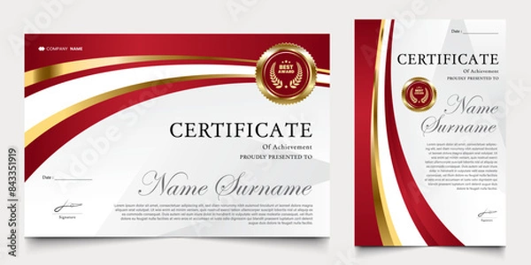 Obraz certificate with modern background of red and gold colors. graduation design elements, best employees and others.