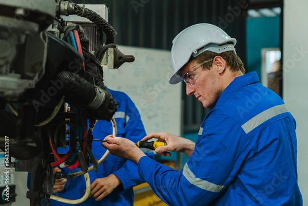 Fototapeta Teamwork of male engineers checking and maintaining the quality of the robot arm, robot arm factory Technology and engineering concepts.