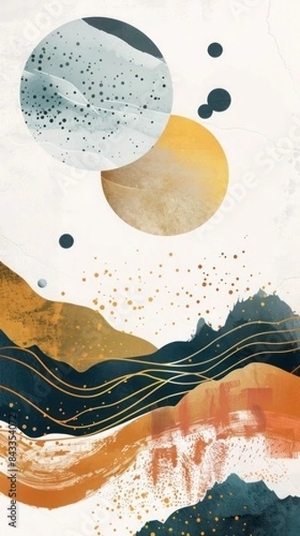 Fototapeta Modern Submarine Landscape: Abstract Geometric Art in Watercolor Style, Earth Tone Colors with Gold Foil Accents