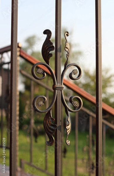 Fototapeta Wrought-iron fence elements of railing on defocesed background