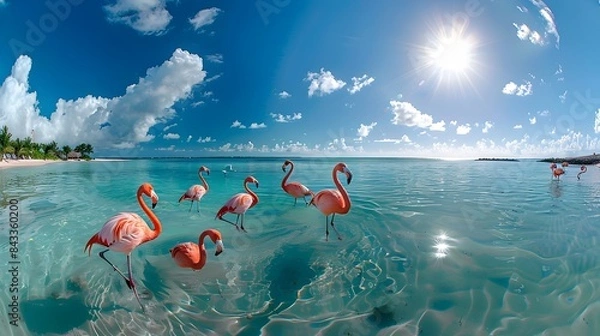Obraz Flamingos Wading in Shallow Beach Waters