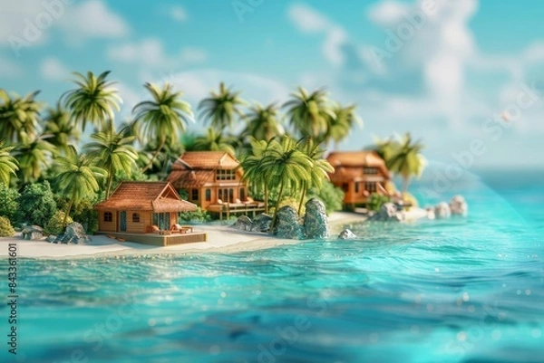 Fototapeta 3d illustration of resort in the tropical island bokeh style background