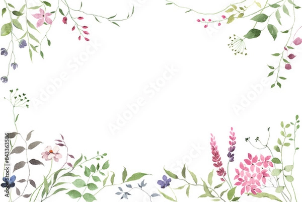 Obraz Floral rectangle frame of abstract green plants with wildflowers. Watercolor isolated illustration with hand drawn design elements for cover, invitation or greeting cards, delicate background.