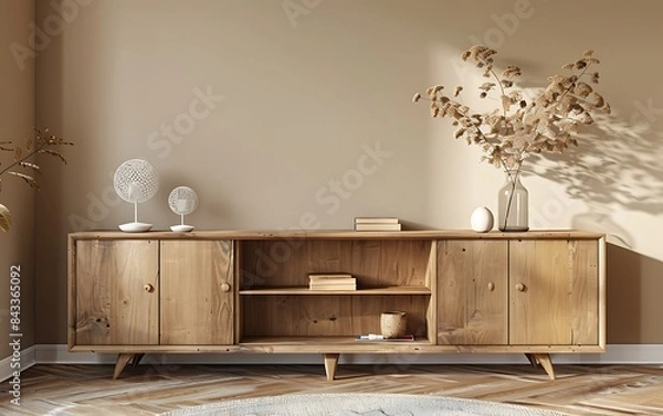Fototapeta Beige wall mockup in a modern living room interior with a wooden cabinet and shelf, 3D rendering, in the style of +!+!