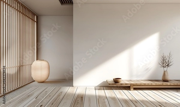 Fototapeta Minimal modern interior design of living room in white and wood colors, in the style of Japanese style, wall mockup blank space for product display